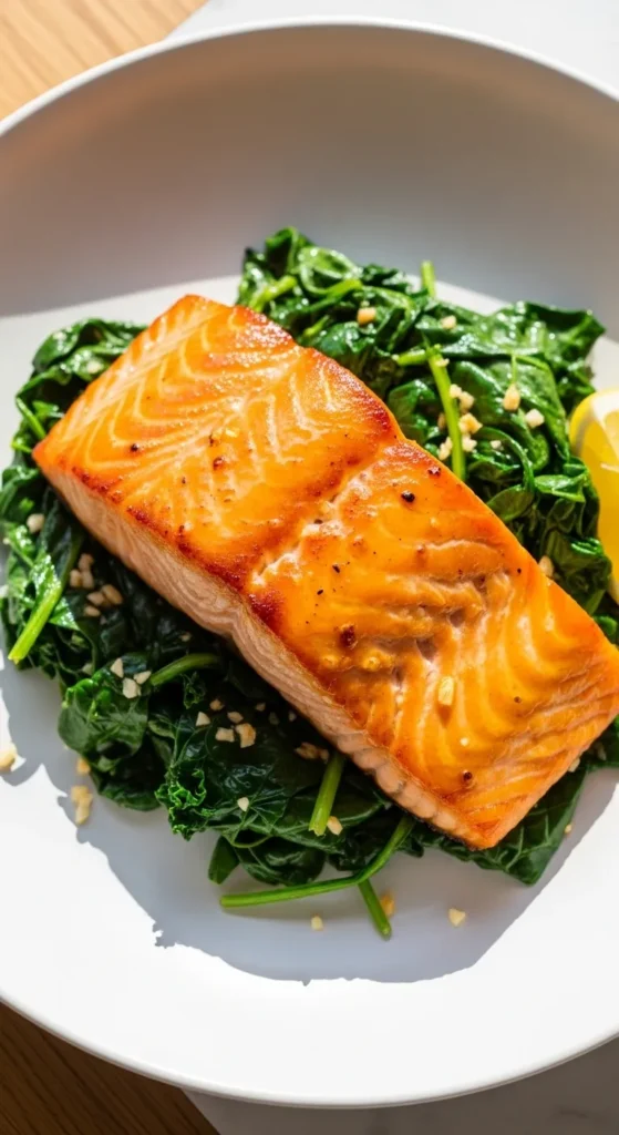 Honey Glazed Salmon with Garlic Greens