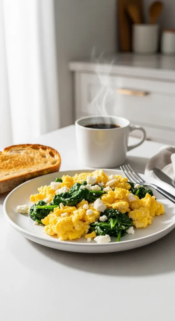 Fluffy Scrambled Eggs with Spinach and Feta