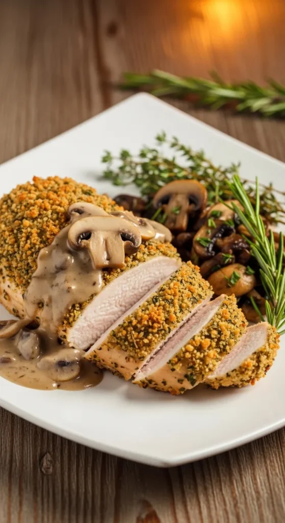 Herb Crusted Chicken with Creamy Mushroom Sauce