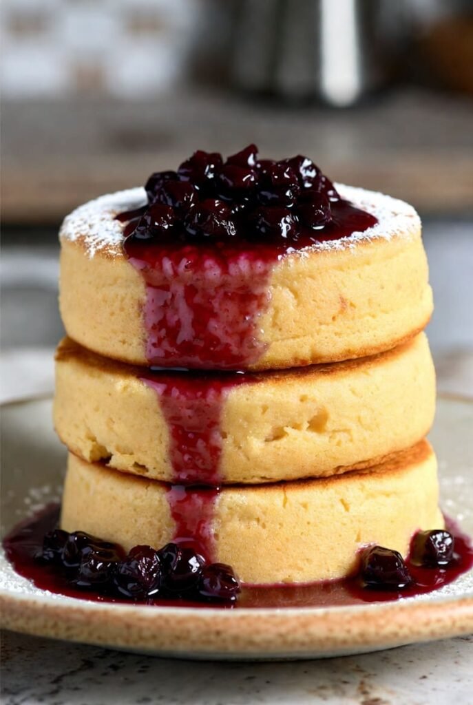 Fluffy Cottage Cheese Pancakes with Warm Berry Sauce