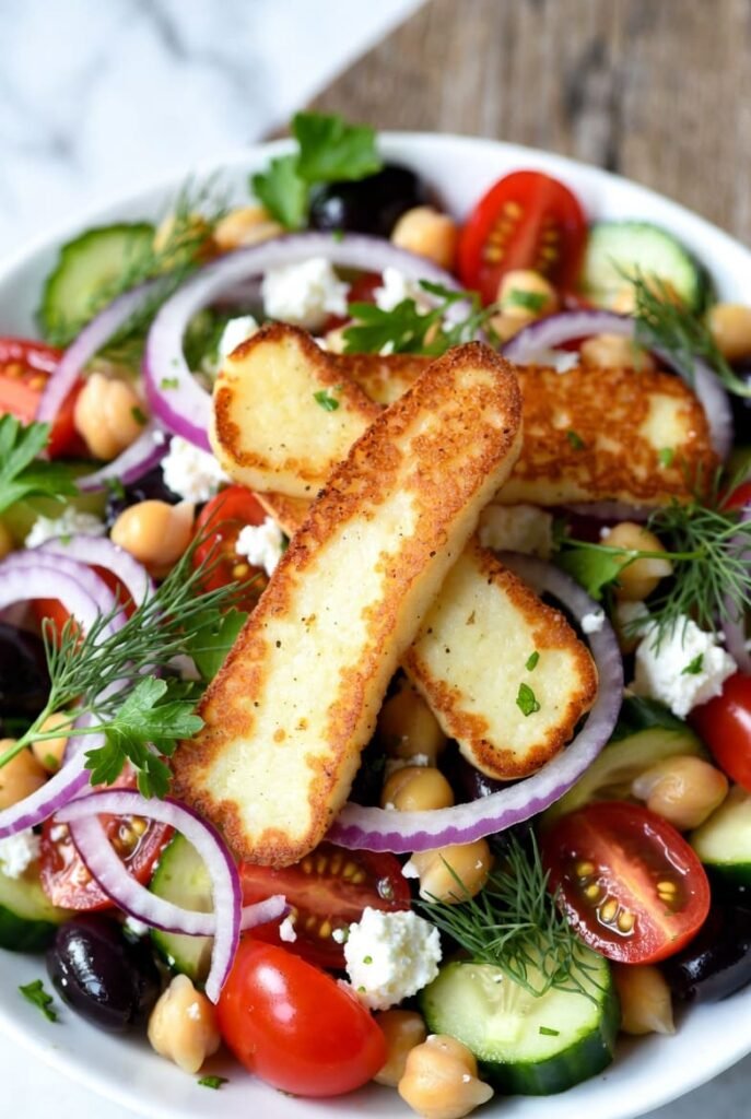 Greek Chickpea Salad with Quick Halloumi