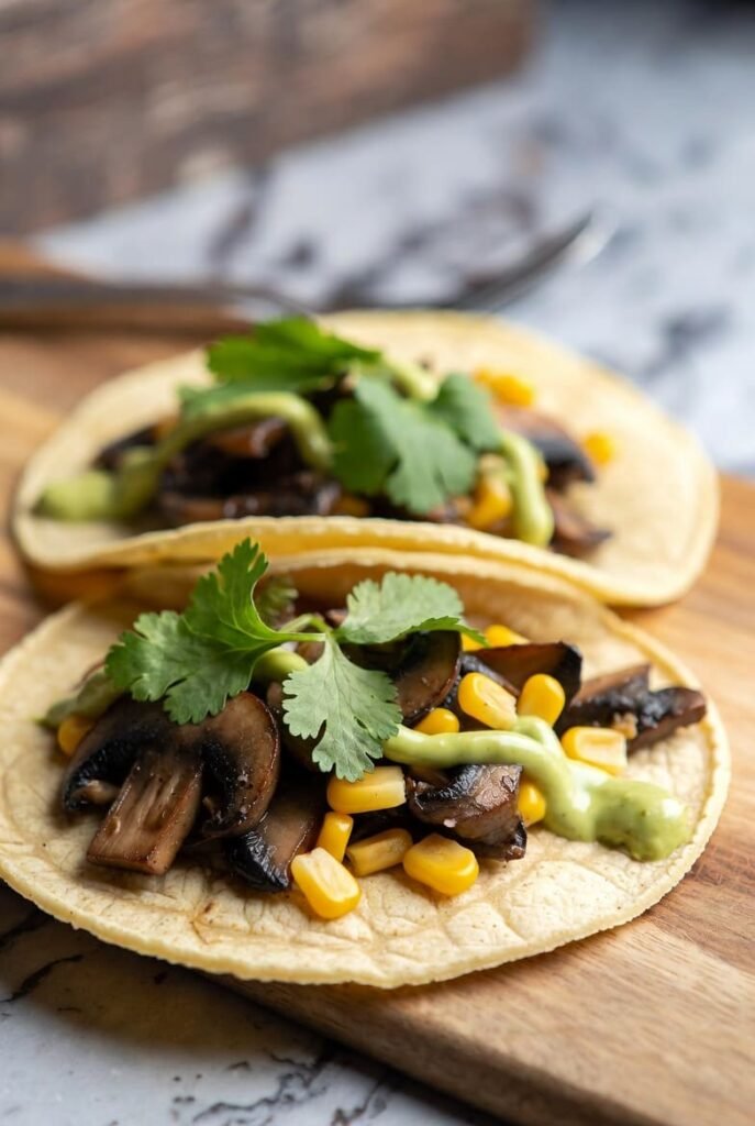 Mushroom and Corn Tacos with Avocado Crema