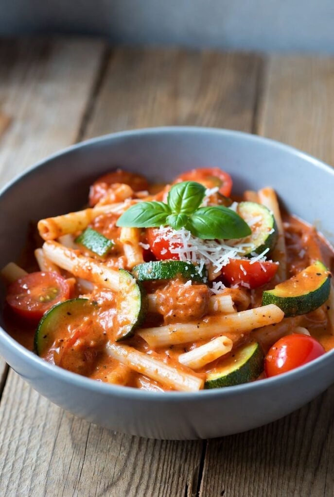 One Pan Creamy Tomato Basil Pasta with Zucchini