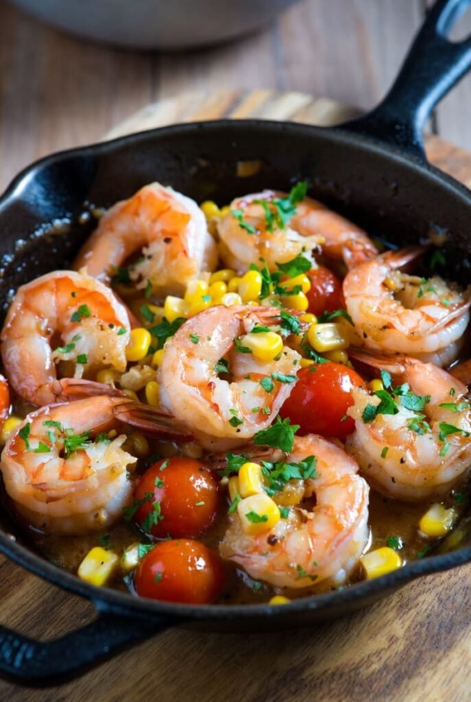 Skillet Garlic Butter Shrimp with Fresh Corn and Tomatoes