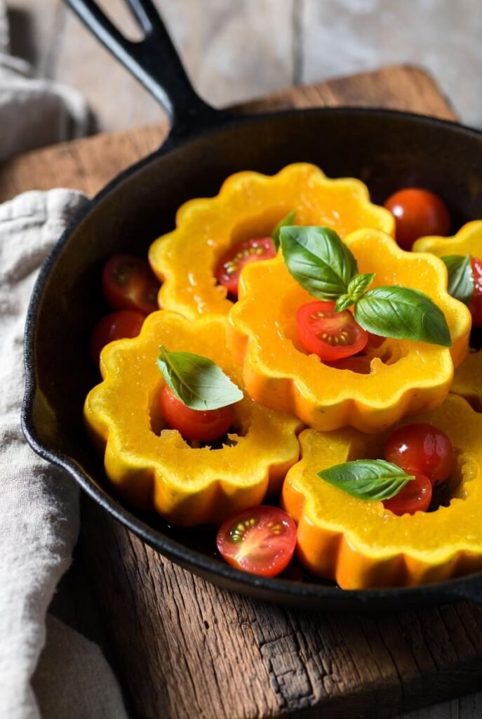 Skillet Patty Pan Squash with Tomatoes and Basil
