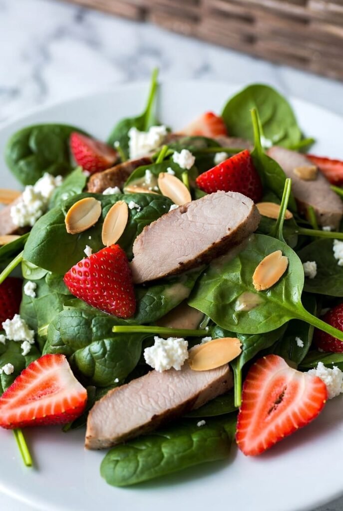 Spinach Strawberry Salad with Quick Grilled Pork