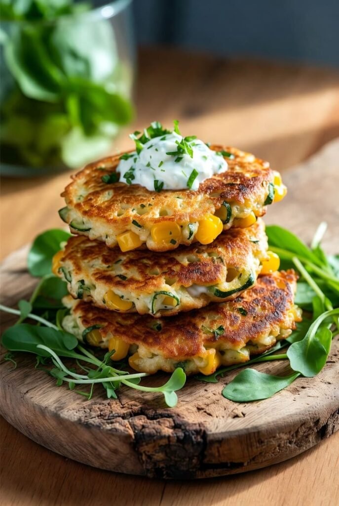 Zucchini Corn Fritter Bowls with Herb Yogurt Sauce