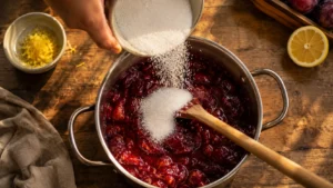 Adding Sugar and Lemon to Plum Jam