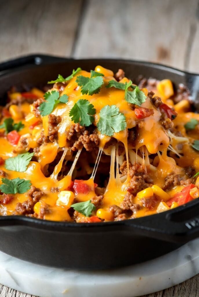 Cheesy Beef Taco Pasta Skillet