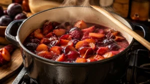 Simmering Chopped Plums in a Pot