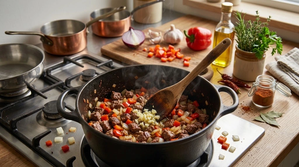 Cook the Onion and Bell Pepper