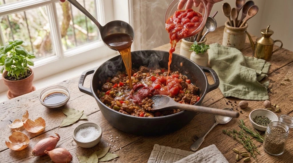 Add the Tomatoes and Beef Stock